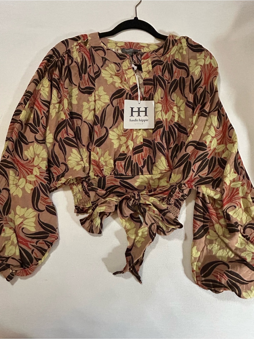 Haute Hippie Floral Tie-Front Crop Top in Brown and Yellow